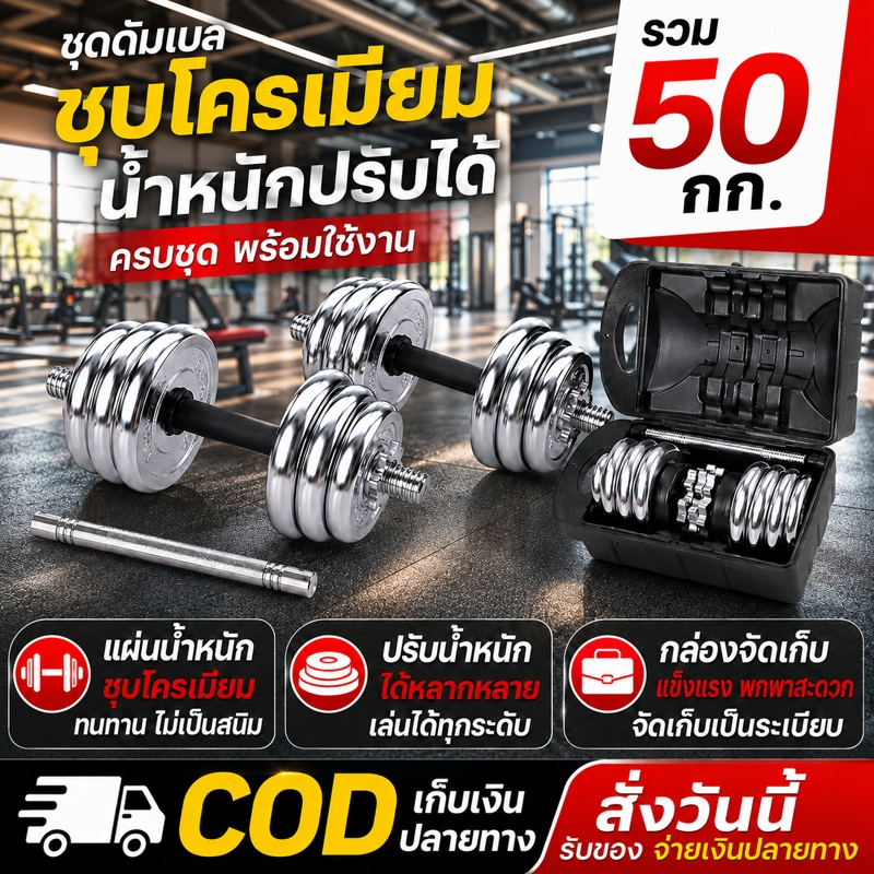 ชุดดัมเบล ปรับน้ำหนักได้ 10-50KG พร้อมแกนบาร์เบล ยกน้ำหนัก สร้างกล้ามเนื้อ Adjustable Dumbbell Barbell ดัมเบลปรับน้ำหนัก