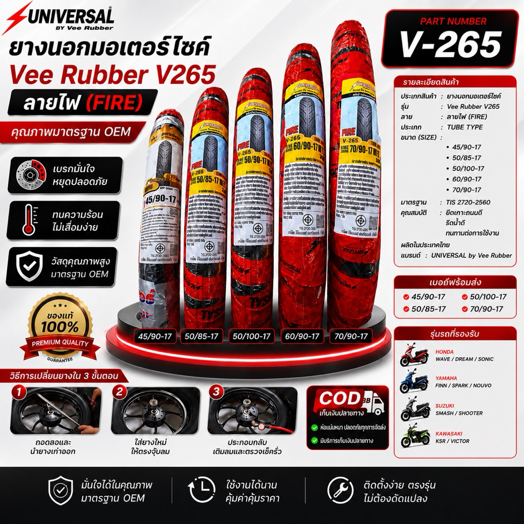 ยางนอกVee rubber V265ลายไฟเบอร์45/90,50/85,50/100,60/90,70/90ขอบ17