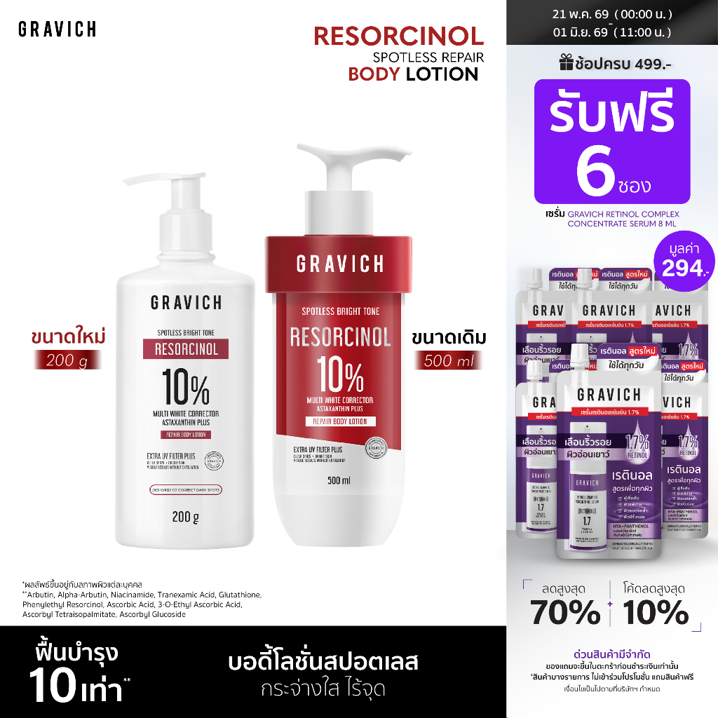 Gravich Resorcinol Spotless Repair Body Lotion 200/ 500 ml เผยผิวกระจ่างใสอย่างมั่นใจ ด้วยโลชั่นบำรุงผิวกายสูตรเข้มข้น
