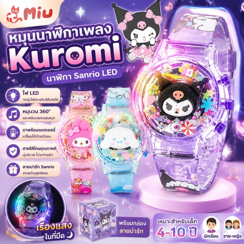 หมุนนาฬิกาเพลง Kuromi พร้อมนักเรียนเรืองแสงสีสันสดใส นาฬิกา Sanrio LED นาฬิกาสําหรับชายหญิงของขวัญ My Melody