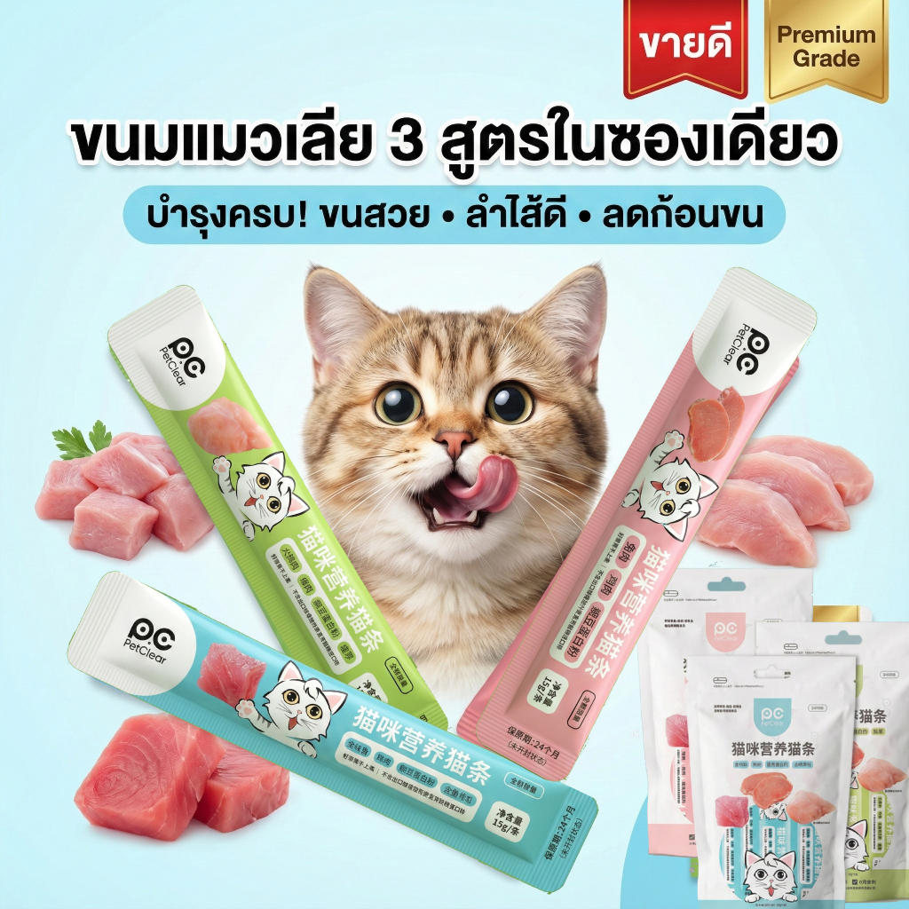 PetClear แมวเลียคุณภาพระดับพรีเมียม เนื้อปลาทูน่า เนื้อกระต่าย และไก่งวงแท้ รสชาติเข้มข้น แมวชอบมาก