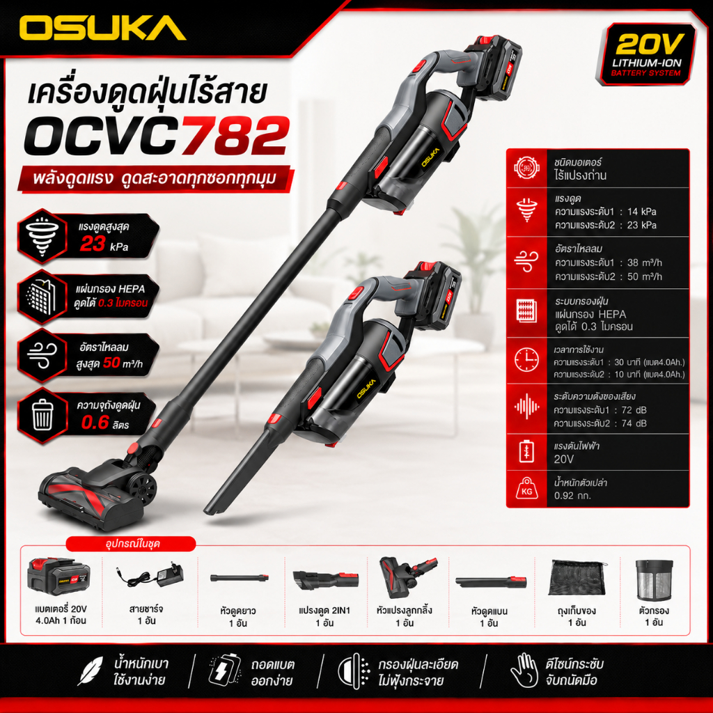 OSUKA เครื่องดูดฝุ่นไร้สาย OCVC782-M1 | แรงดูด 23kPa | มอเตอร์ไร้แปรงถ่าน Brushless