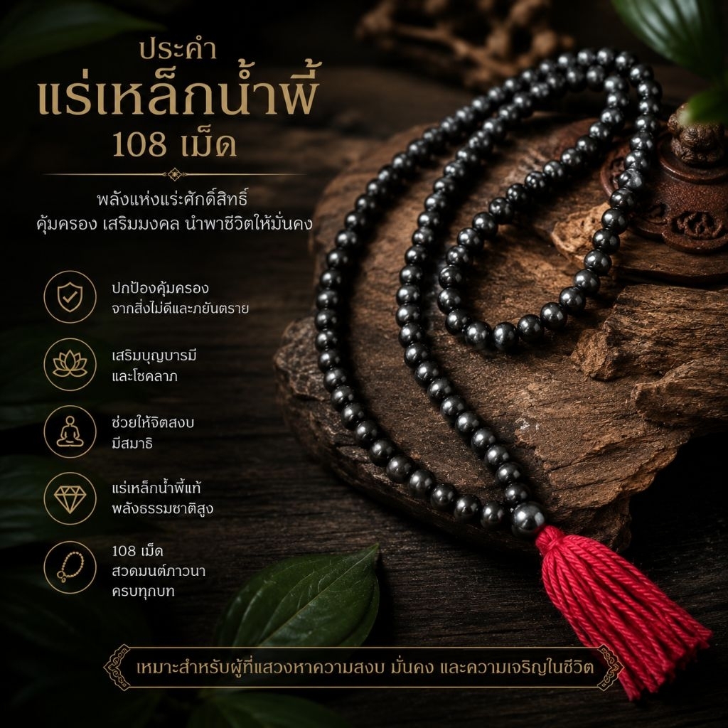 **ผ่านพิธีแล้ว**ประคำแร่เหล็กน้ำพี้ผสมดินดำ10มิล 108เม็ด