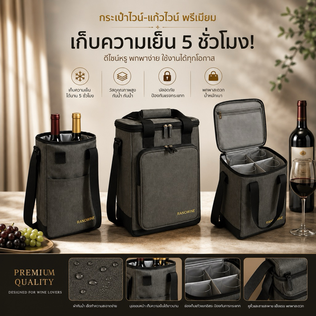 (ส่งฟรี)กระเป๋าใส่ไวน์เก็บความเย็นได้ใส่แก้วได้