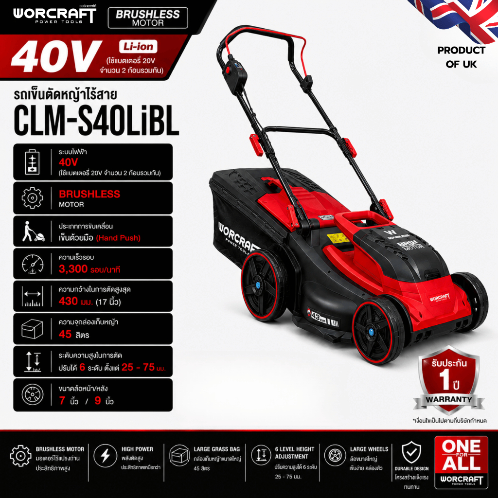 Worcraft รถเข็นตัดหญ้าไร้สาย CLM-S40LiBL