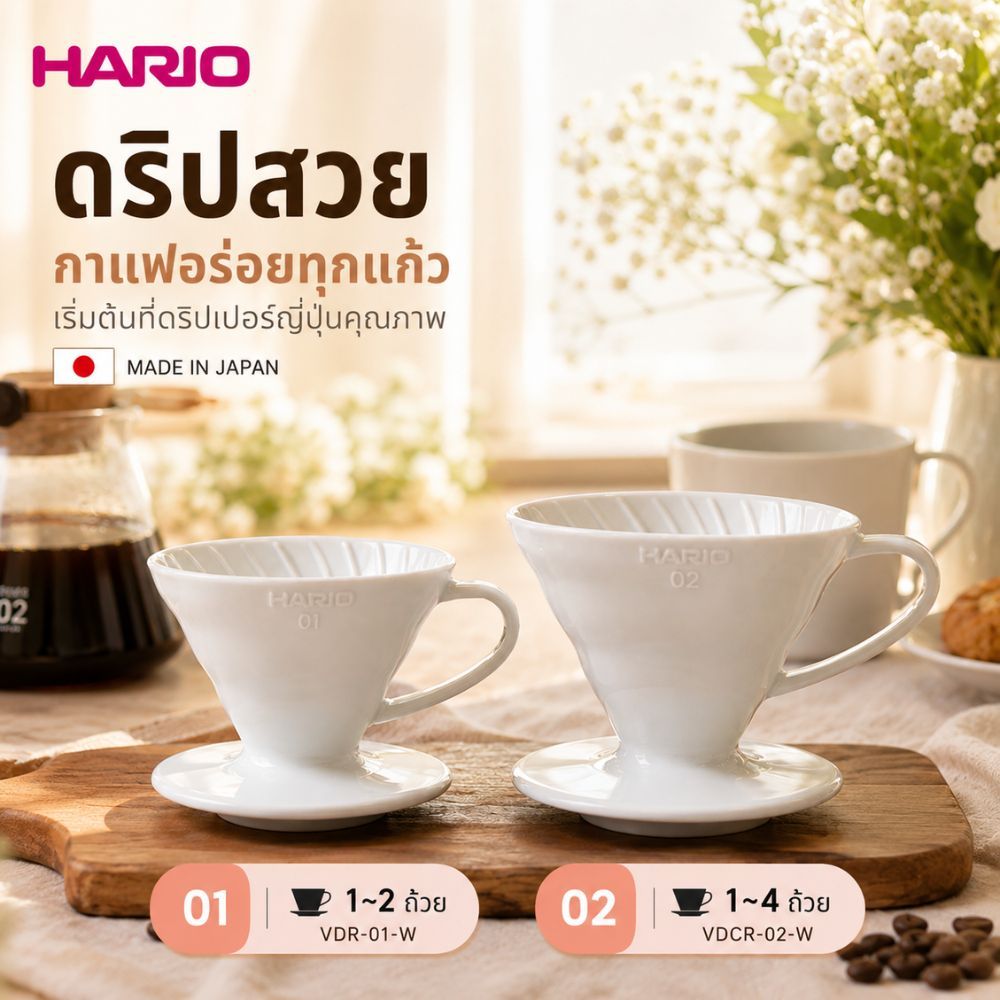 HARIO V60  Ceramic Dripper สำหรับกาแฟ  ผลิตในประเทศญี่ปุ่น VDCR-01-W / VDR-01-W/ VDR-02-W