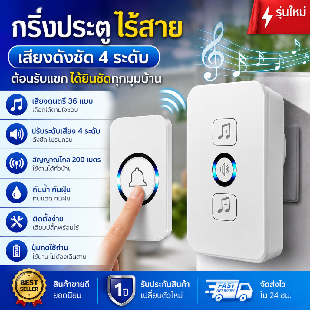 กริ่งประตูไร้สาย LED กันน้ำ IP44 ระยะ 300 เมตร กริ่งประตู 62 เพลง กริ่งประตู
