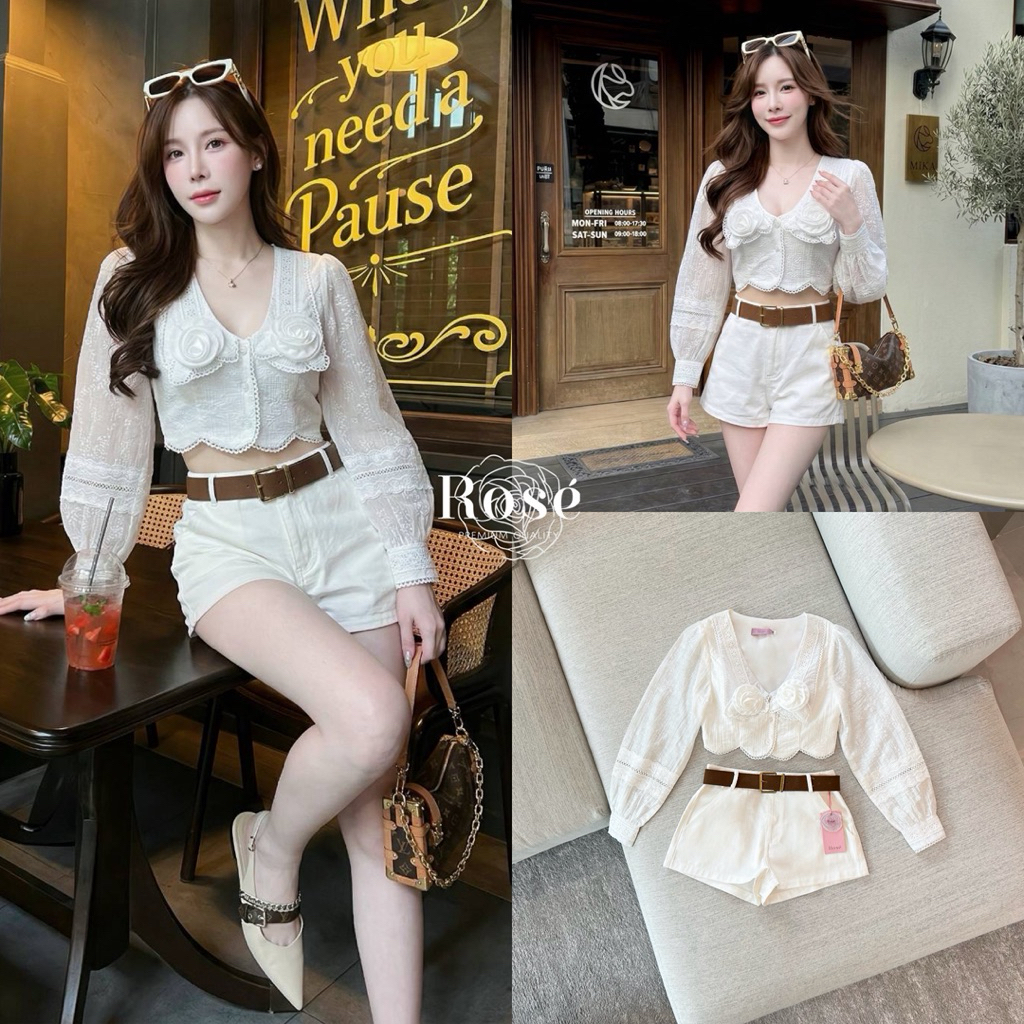 Rose เสื้อแขนยาว +กางเกงขาสั้นพร้อมเข็มขัด