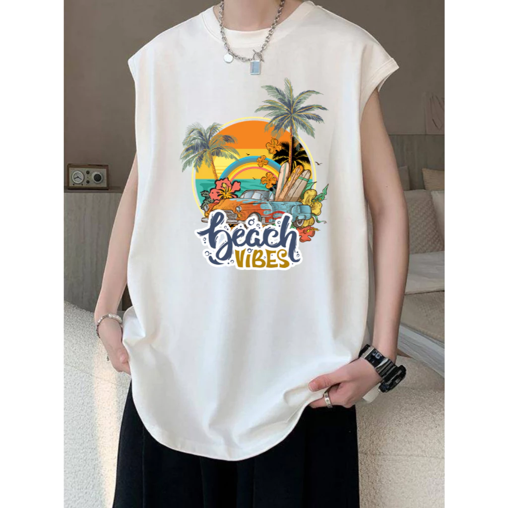 เสื้อยืดแขนกุด ลายชายหาด ใส่ได้ทั้งชายหญิง OP-1178