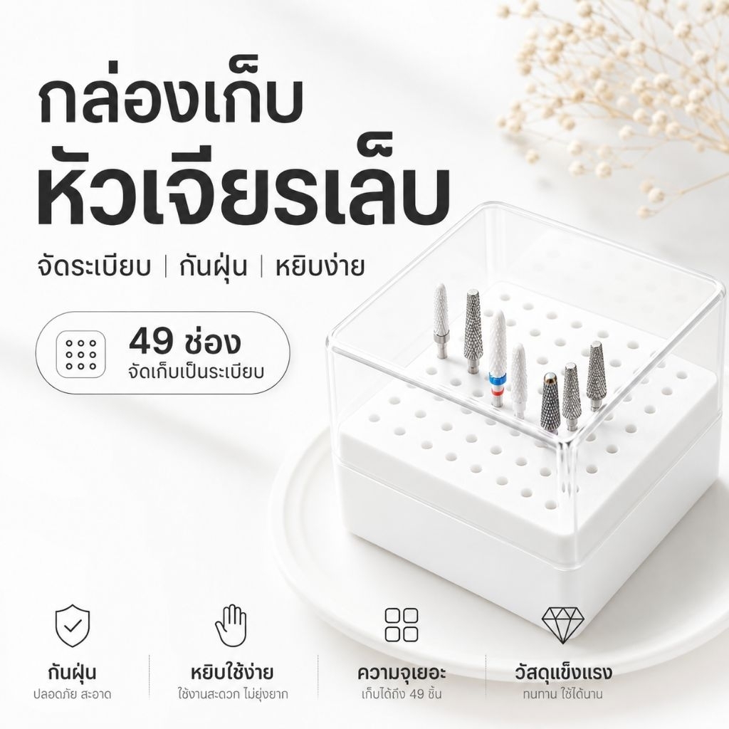 จัดส่งทันที ♡ กล่องเก็บหัวเจียร  49 ช่อง กันฝุ่น ใสหยิบใช้ง่าย 3 mm. (สีขาว)