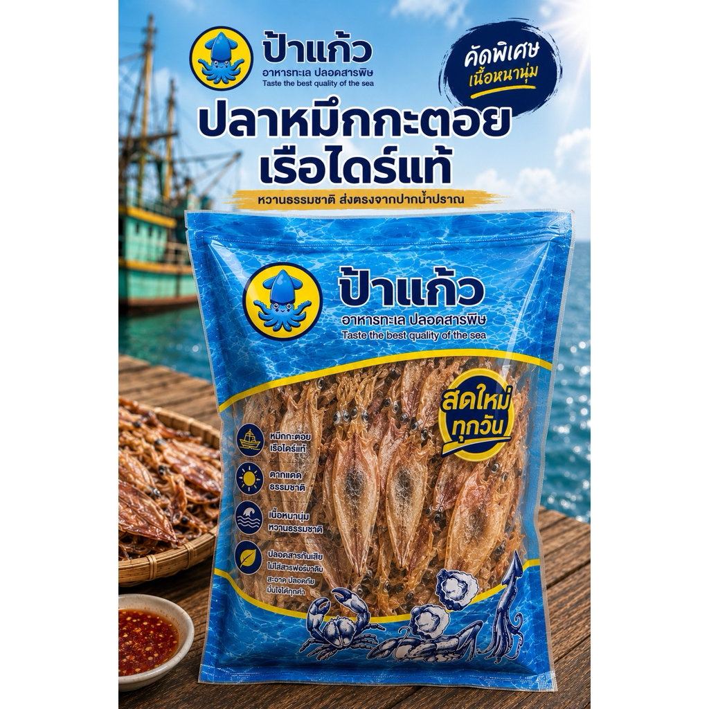 (คัดพิเศษ) ปลาหมึกกะตอยเรือไดร์แท้ (ครึ่งกิโลกรัม) เนื้อหนานุ่ม หวานธรรมชาติ จากปากน้ำปราณ
