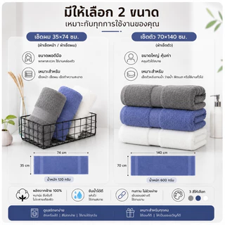 💥ไม่เป็นขุย💥 ผ้าเช็ดตัว ผ้าเช็ดผม โรงแรม 5 ดาว Cotton 100% หนานุ่ม ซับน้ำดี ขนาด 70x140 ซม. 12 ปอนด์