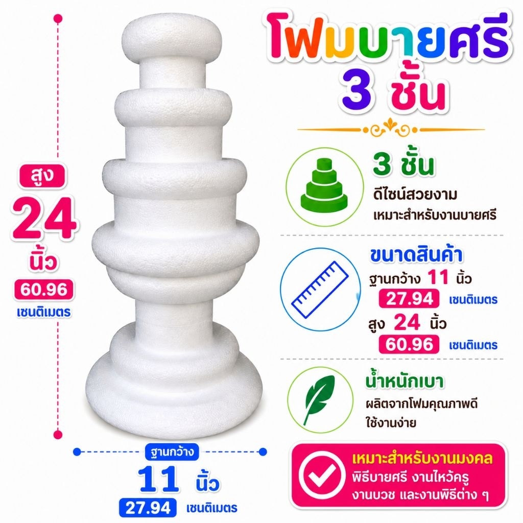 โฟมบายศรี 3ชั้น สูง29นิ้ว ฐาน13นิ้ว มีพุ่มยอด โฟมพานพุ่ม โฟมทำบายศรี โฟมทำพาน โฟมพุ่ม โฟมวงกลม โฟมแผ่น