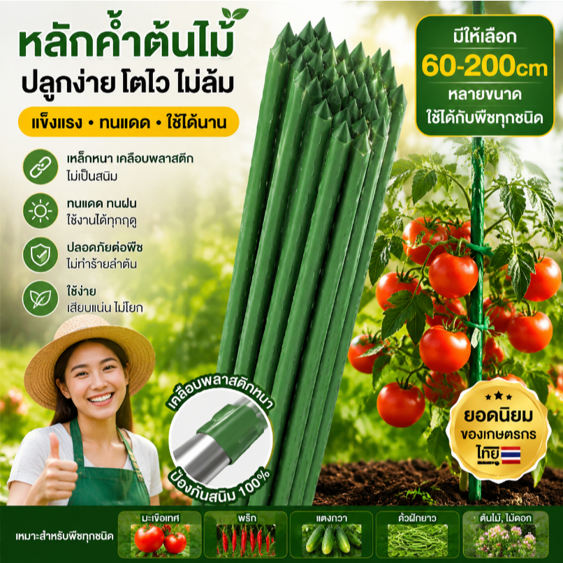 Sam's ไม้ค้ำต้นไม้ยาว 60 - 180ซม. เสาค้ำต้นไม้ทนทาน ไม่เป็นสนิม ทนทานเหล็ก เคลือบพลาสติก