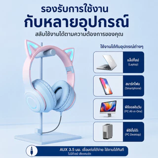 หูฟังครอบหูหูแมว หูฟังไร้สาย หูฟัง​ครอบหู Bluetooth 5.3 เสียงสเตอริโอ 7.1ch พร้อมไมค์ RGB ลดเสียงรบกวน สำหรับเล่นเกมและฟ