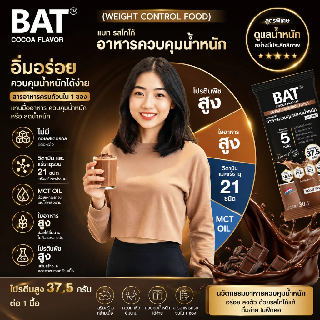 BAT™ ทดแทนมื้ออาหาร ( 1กล่อง/14 ซอง) สำหรับควบคุมหรือลดน้ำหนัก ลดหิว อยู่ท้อง โปรตีนสูง ไม่มีน้ำตาล thumbnail 3