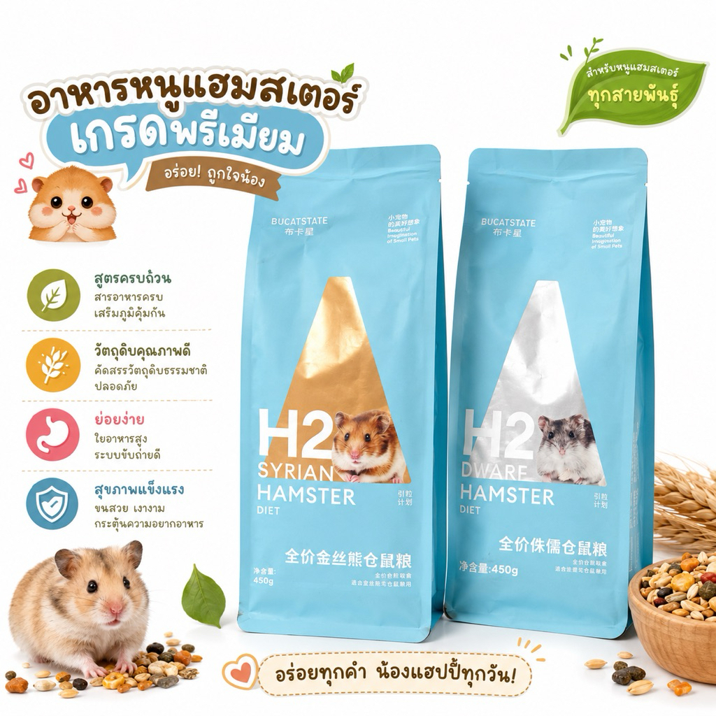 BUCATSTATE H2 Hamster Diet อาหารหนูแฮมสเตอร์ สูตรพรีเมียม 450g