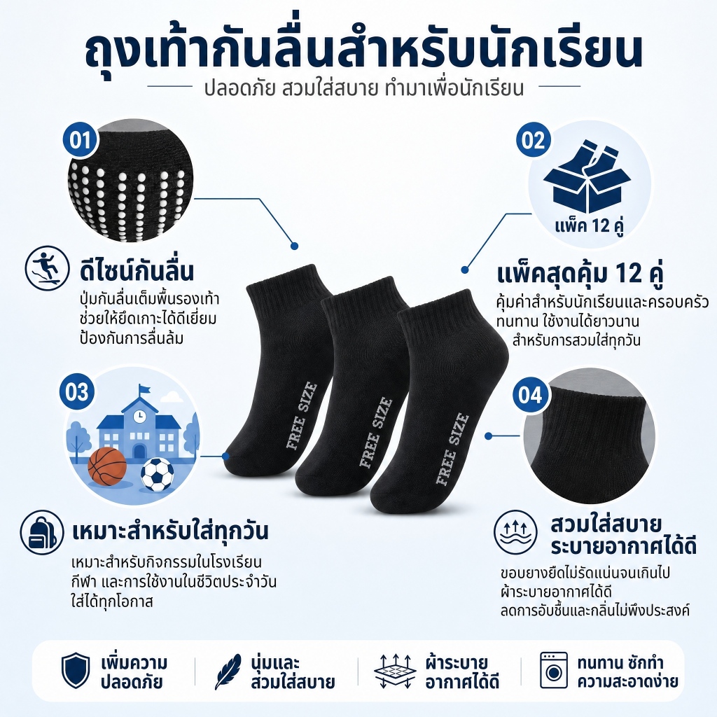 ถุงเท้านักเรียน ถุงเท้าทำงาน 6คู่/12คู่ ถุงเท้าผู้ชาย ข้อกลางคลุมตาตุ่ม สีดำ ฟรีไซส์ สินค้ายกโหล ผ้านิ่ม ใส่สบาย