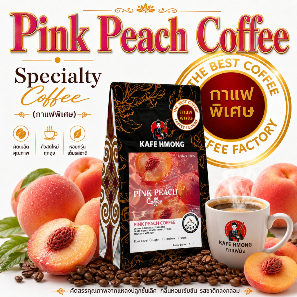 pink peach coffee กาเเฟพิเศษ A002 **สูตรกลิ่น เข้มข้น**เมล็ดกาแฟขนาดใหญ่กว่า กาเเฟอาราบิก้ากลิ่นพีช