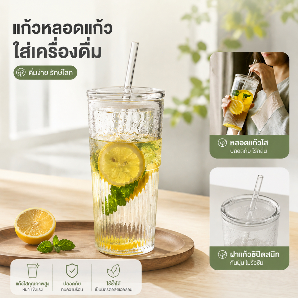 แก้วน้ำ 600 มล พร้อมฝาปิดและหลอด ลายทางเรียบง่าย พกพาสะดวก