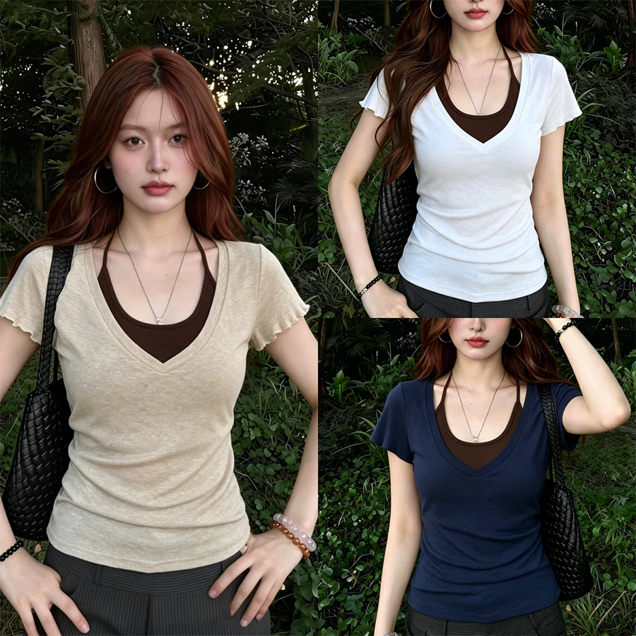 Beryl เสื้อยืดแขนสั้นผู้หญิง แบบสองชิ้นปลอม คอวี สายคล้องคอ ทรงรัดเอวผอม ดีไซน์สีตัดกันวินเทจ สไตล์เกาหลี