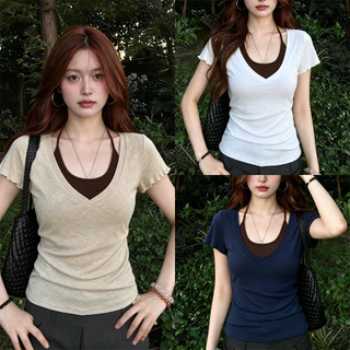 Beryl เสื้อยืดแขนสั้นผู้หญิง แบบสองชิ้นปลอม คอวี สายคล้องคอ ทรงรัดเอวผอม ดีไซน์สีตัดกันวินเทจ สไตล์เกาหลี