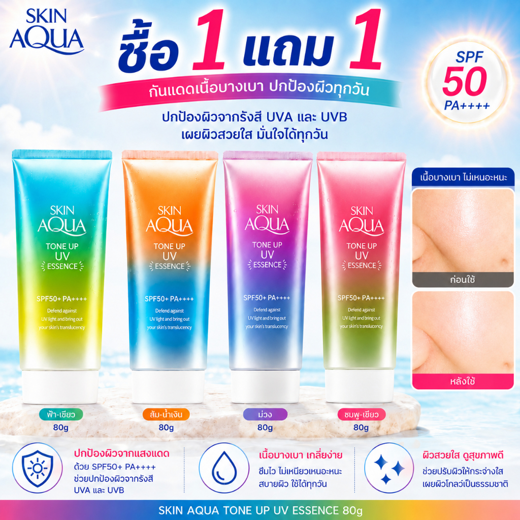 ซื้อ 1 แถม 1🛡️ Skin Aqua ครีมกันแดด SPF50+ PA++++ 80g – เนื้อบางเบา ซึมไว ไม่เหนียวเหนอะหนะ