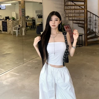 sexy เสื้อเกาะอก เปิดไหล่ ระบายอากาศได้ดี สีพื้น ทรงเข้ารูป ทันสมัย สไตล์ญี่ปุ่น เสื้อครอป หลากหลายสี ฤดูร้อน