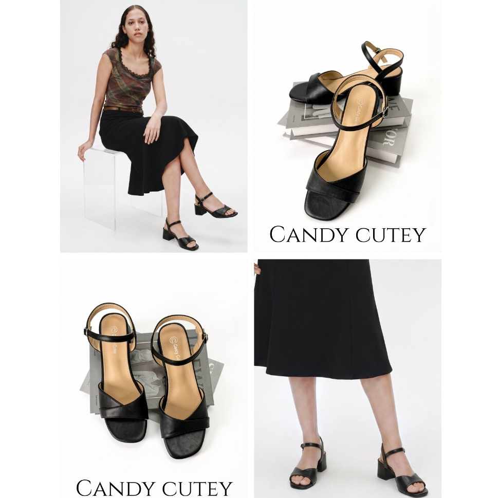 CandyCutey รองเท้าแตะผู้หญิงส้นสูง 4cm สีเบจ สายรัดข้อเท้า ใส่สบาย สไตล์มินิมอล สำหรับทำงานและออกไปเที่ยว