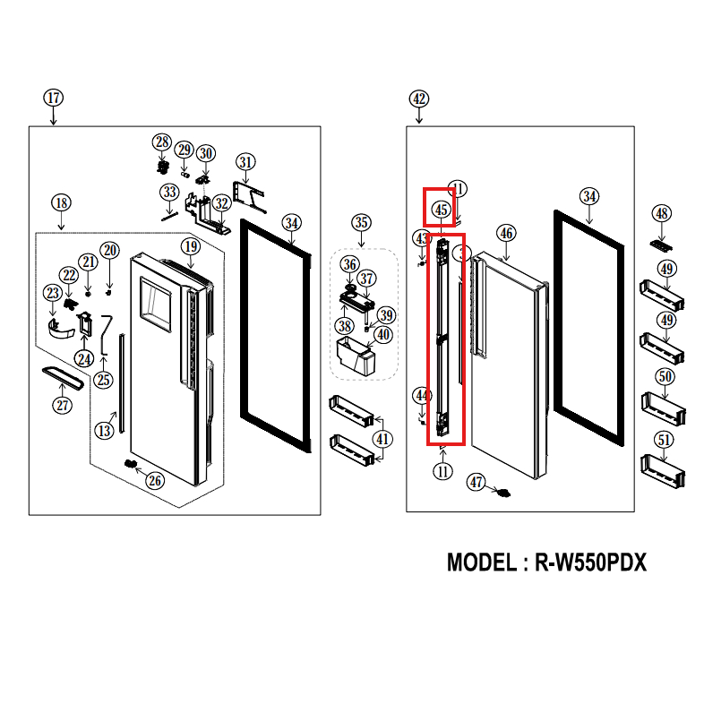 อะไหล่เเท้ศูนย์/ตำเเหน่งที่45/PTR-W800FPS 033/DOOR-SWINGช่องธรรมดา/ประตูบานสวิงฮิตาชิ/ใช้กับรุ่น R-W