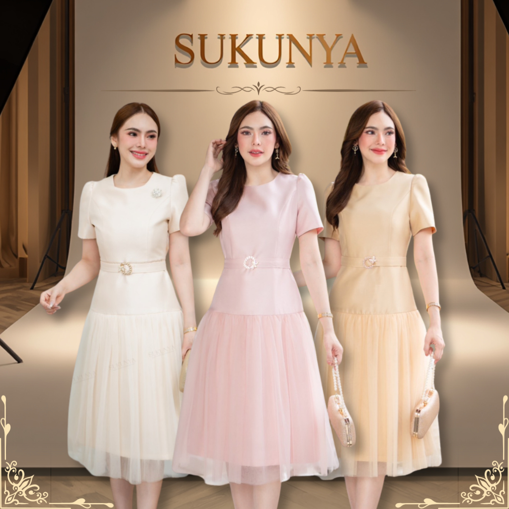 Sukunya 6399:ชุดเดรสผ้าไหมจิตลดาอัดกาว [ชุด+เข็มขัด]