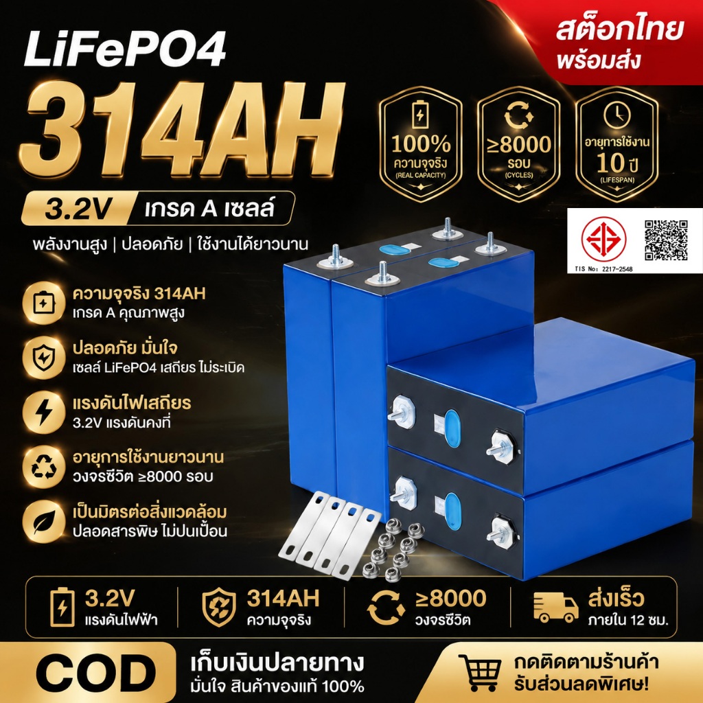 【แบตเตอรี่ใหม่】 แบตเตอรี่ CATL LiFePO4 แบตเตอรี่ลิเธียมความจุสูง 3.2V 120Ah เหมาะสำหรับระบบผลิตไฟฟ้าพลังงานแสงอาทิตย์