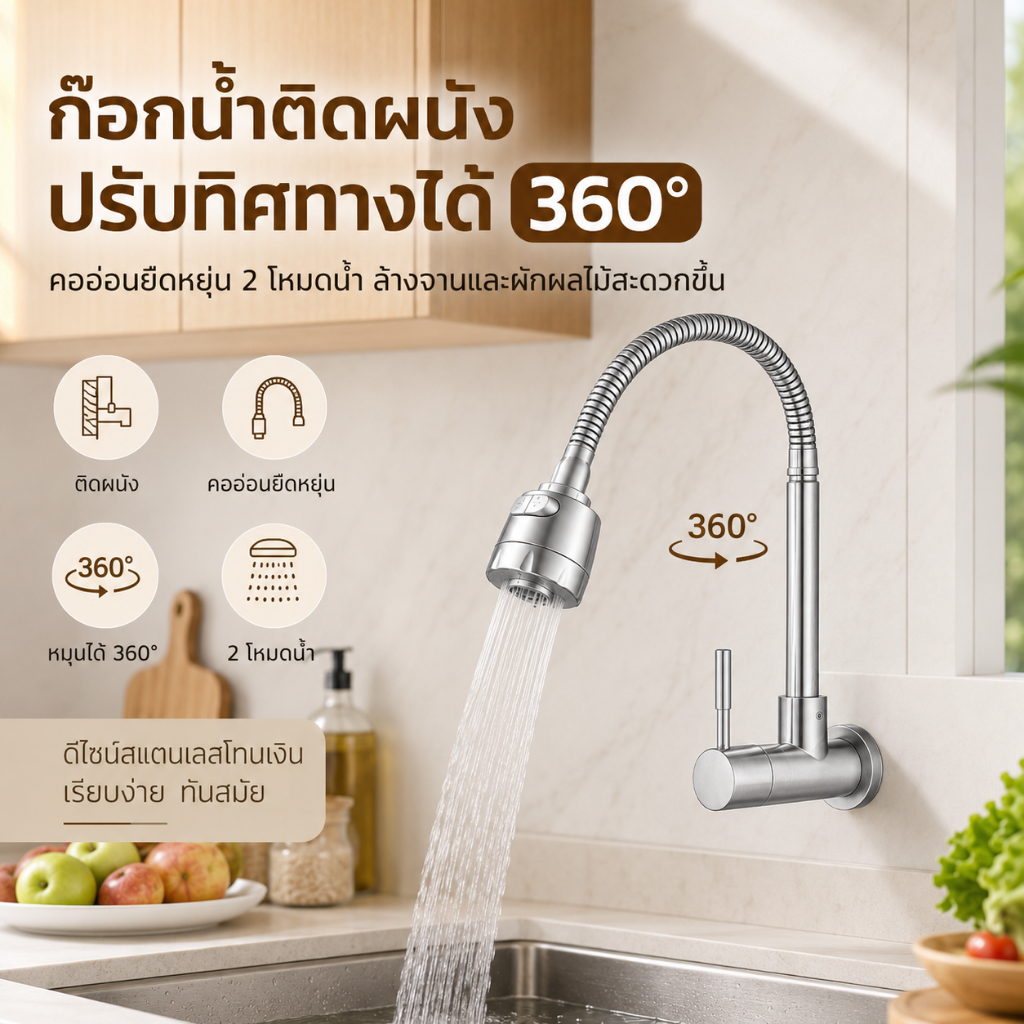 GRACEก๊อกน้ำซิงค์ล้างจาน สแตนเลส 304 หมุนได้รอบ 360° ปรับแรงดันน้ำได้ ทนทาน ใช้งานได้นาน