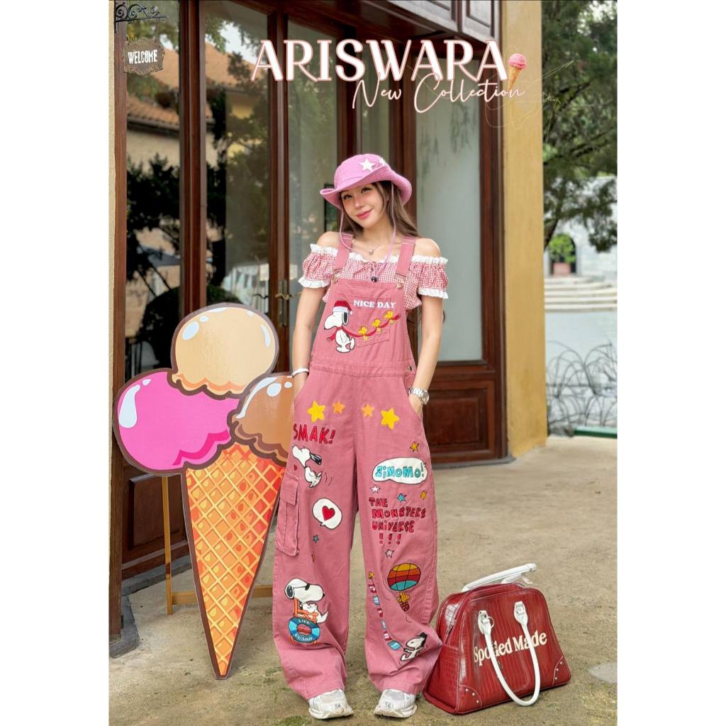 พร้อมส่ง💕 ARISWARA (งานนำเข้า) : SET 2 ชิ้น เอี้ยม 𝐒𝐧𝐨𝐨𝐩𝐲 ก็น่ารักเกิ๊น  แมทเสื้อปาดไหล่สก็อตแดงแต่งลูกไม้