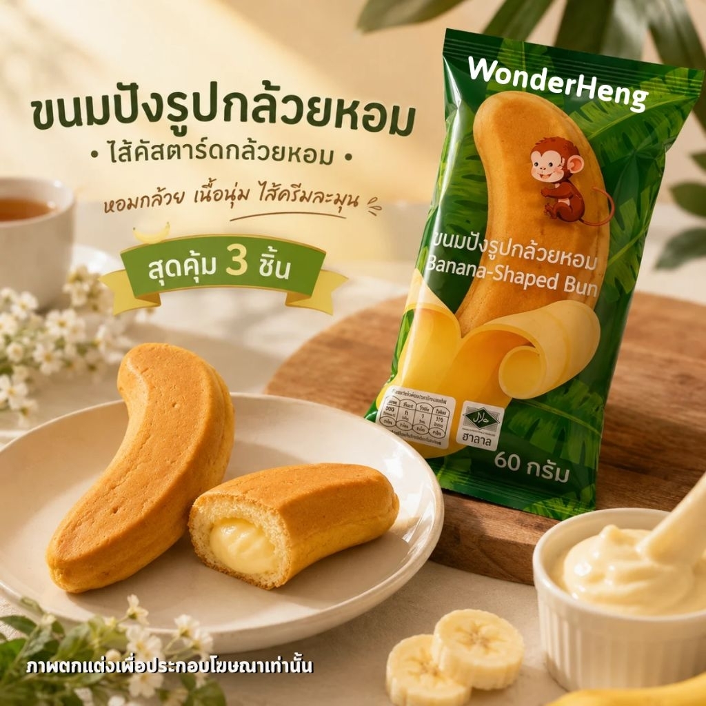 [ชุด 5 ชิ้น] ขนมปังกล้วย สอดไส้คัสตาร์ดกล้วย อย.ไทย ฮาลาล Banana Shaped Bread with Custard