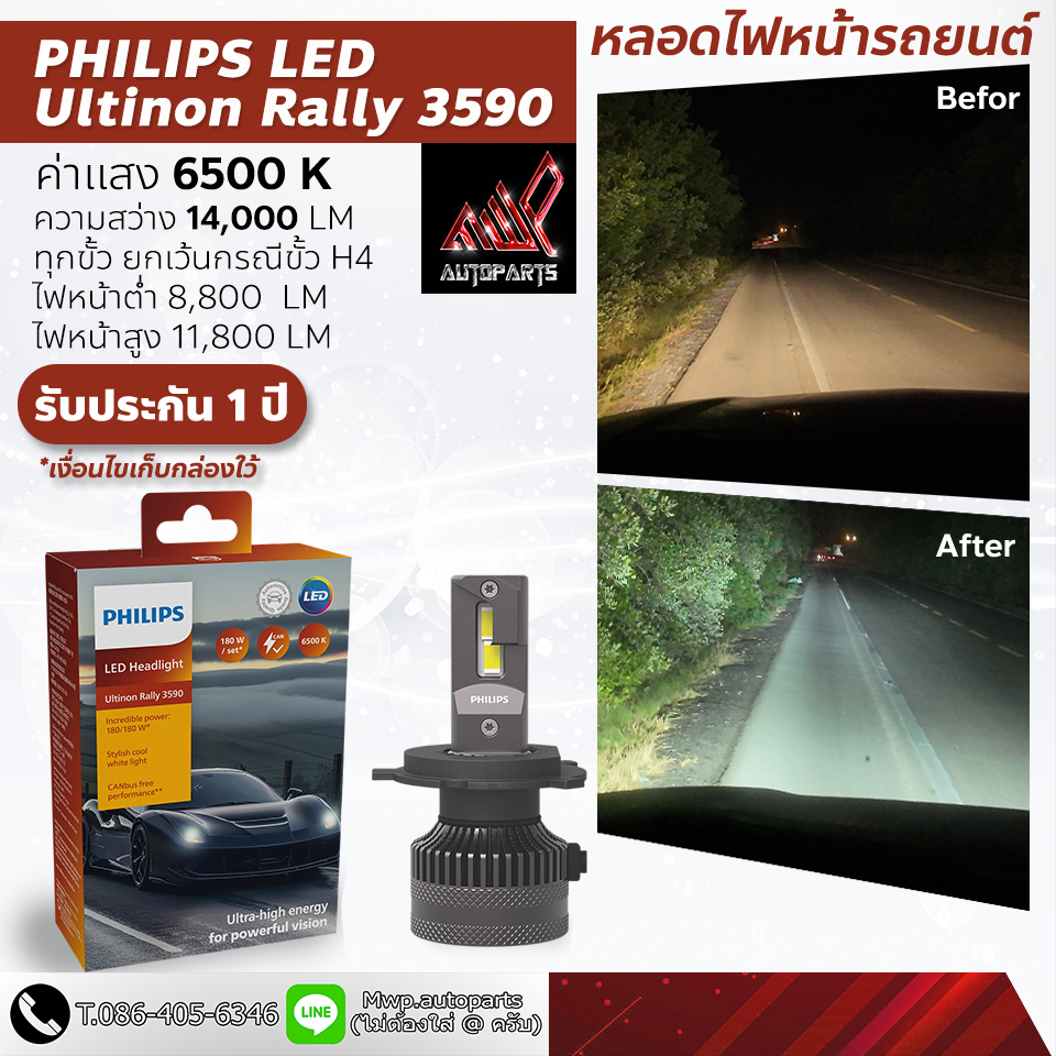 Philips Ultinon Rally 3590 HL-LED กำลังไฟ 90W ค่าแสง 6500K (สินค้าของแท้ พร้อมส่ง) รับประกัน 1ปี