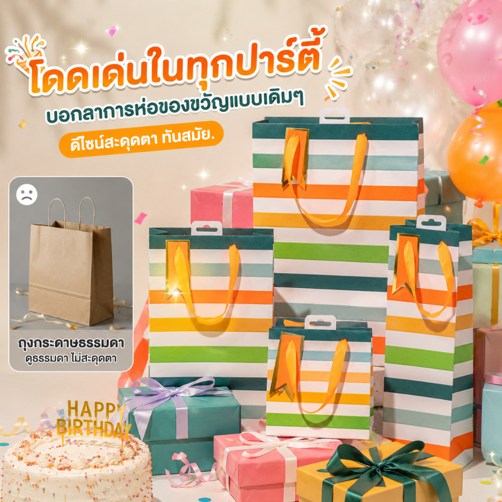 พร้อมส่งถุงของขวัญกระดาษ ลายริ้ว Ins ถุงกระดาษน่ารัก ถุงใส่เสื้อผ้า ถุงหิ้วมี 4 ขนาด Gift Bag Stripe Design