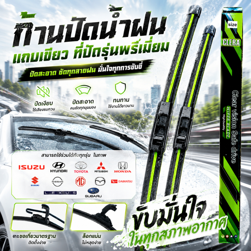 ก้านปัดน้ำฝน ใบปัดน้ำฝน แถบเขียวที่ปัดรุ่นพรีเมี่ยม ปัดสะอาดไม่ทิ้งคราบ ปัดเงียบ ติดตั้งง่ายด้วยตนเอง เหมาะกับรุ่นตะขอ