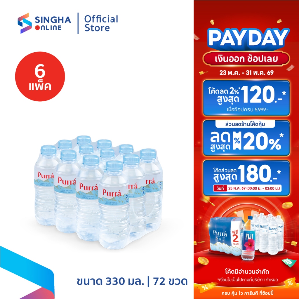 [ส่งกทม.และปริมณฑล อยุธยา เชียงใหม่ ลำพูน] Purra Mineral Water น้ำแร่เพอร์ร่า 330 มล.แพ็ค 12 ขวด (6 แพ็ค รวม 72 ขวด)