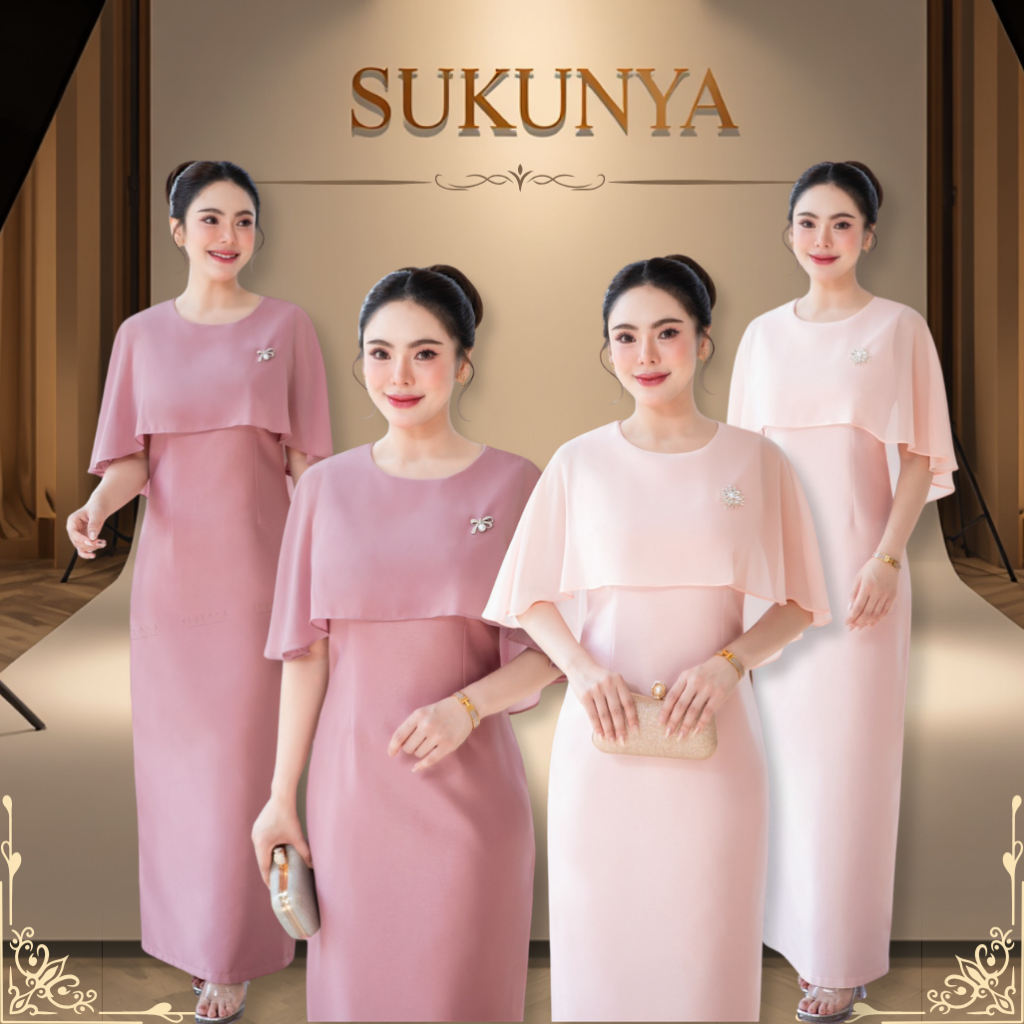 Sukunya 6449 : งานชุดเดรสแม๊กซี่งานผ้าไหมญี่ปุ่น กระโปรงผ่าหลังดีไซน์แต่งเป็นผ้าชีฟอง