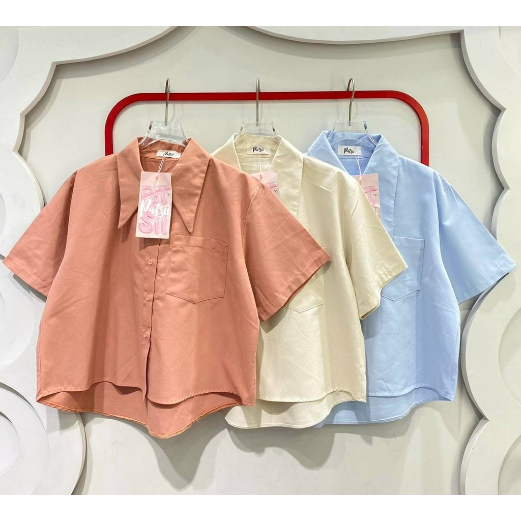 P09.เสื้อครอปเชิ๊ต Cotton denimปกแหลม อกหน้าผ้า46