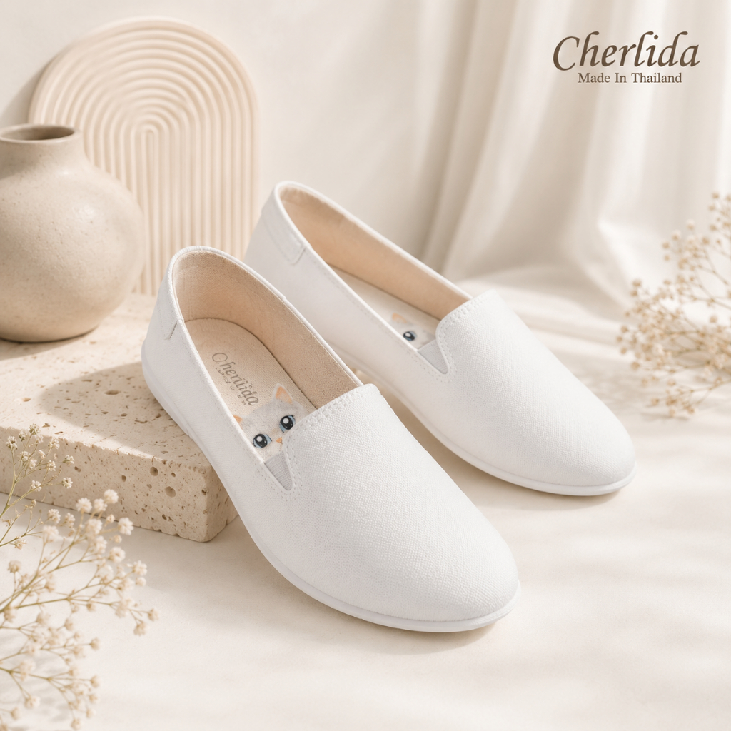 Cherlida รองเท้าสลิปออน ผู้หญิง Korean Minimal ลายพิมพ์สดใส ใส่ง่าย น้ำหนักเบา กันลื่น แถมฟรีถุงเท้า