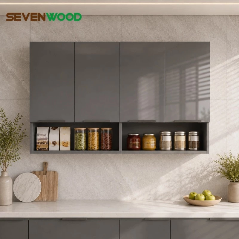 SEVENWOOD ตู้แขวนผนัง ตู้ครัว ตู้เก็บของ ตู้แขวน ตู้ติดผนังห้องครัวที่เรียบง่าย สีเทา สี่ประตู ประกอบง่าย มั่นคงมาก