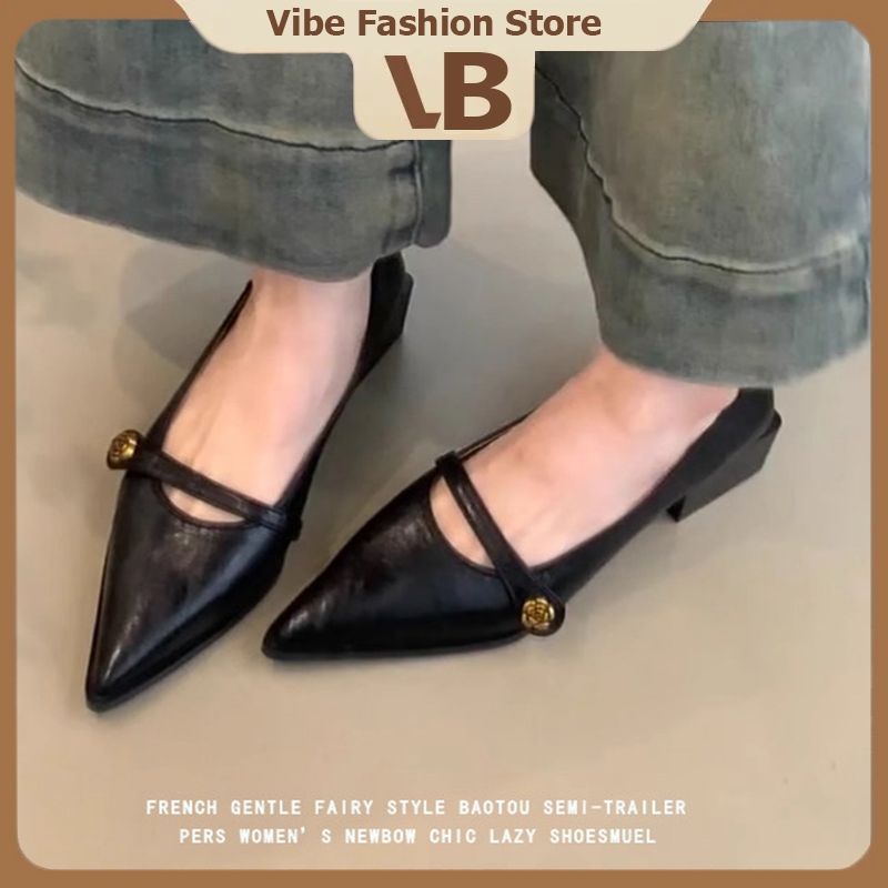 Vibe รองเท้าแมรี่เจนหัวแหลม ส้นสูง4ซม แต่งดอกคามิเลีย ใส่ไม่เมื่อย ดูแพง เก๋ไก๋