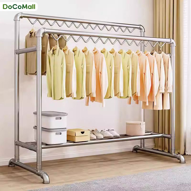 DoCo ราวตากผ้าท่อเหล็ก2ราว ที่แขวนผ้าโครงเหล็ก ตากผ้า ราวคู่ ยาว100-180cm สูง180cm ประกอบง่าย