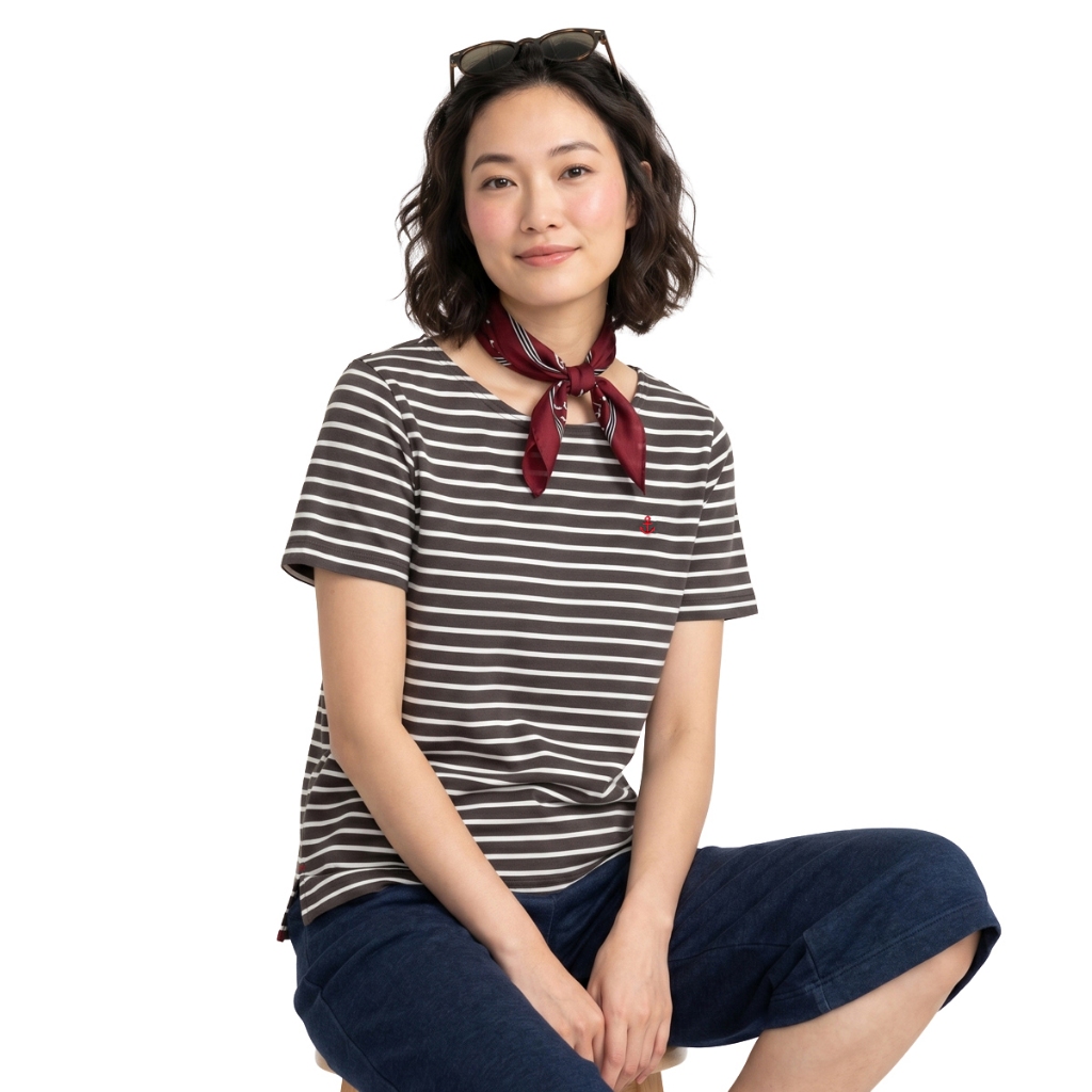 * One Price * PORTLAND เสื้อยืด ลายริ้ว คอกลม สีน้ำตาล / Stripe Boat Neck T-shirt (Brown)