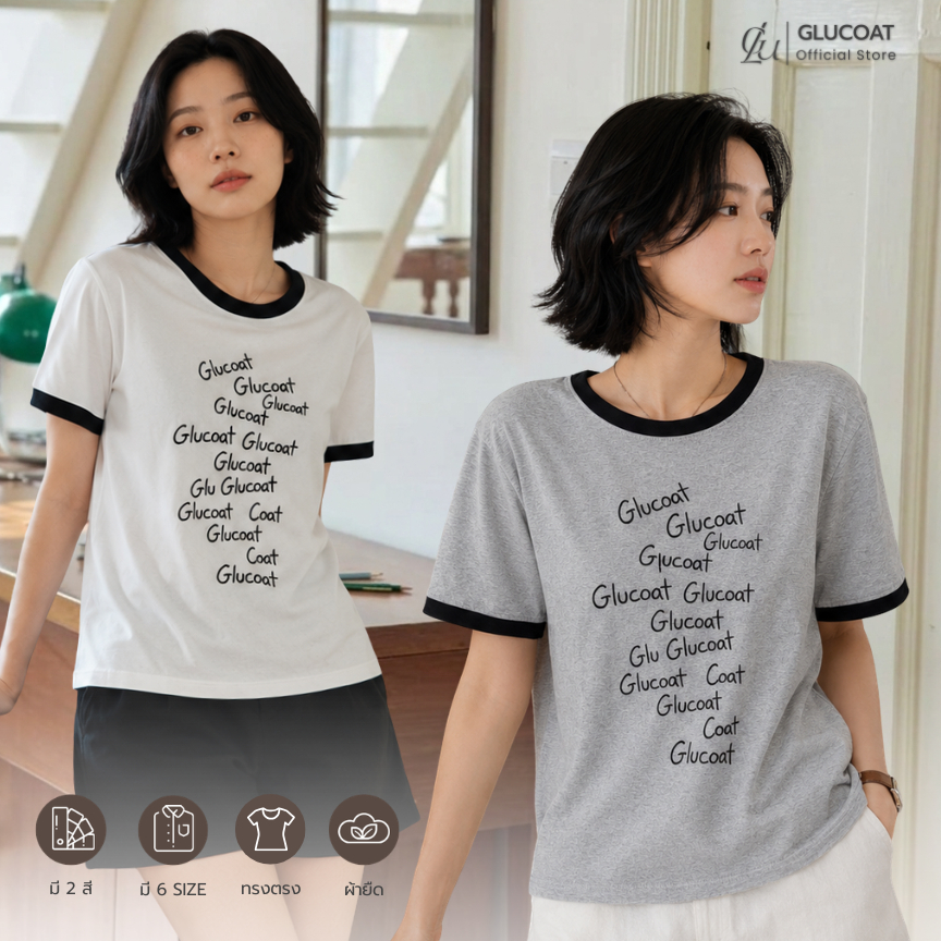 Glucoat | [A593] เสื้อยืดคอกลมแขนสั้นสีดำ/สีเทา/สีขาว แต่งระบาย เอวจั๊มรูดได้