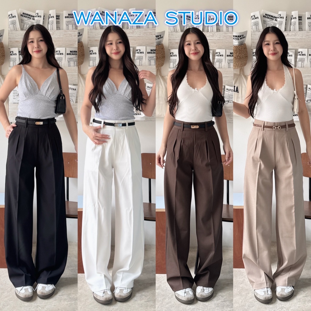 WT44 รุ่น ซิปหลัง แต่งจีบหน้า กางเกงทรงกระบอก กลาง กางเกงขายาว สีดำ ผู้หญิง ใส่สบาย ทรงสวย