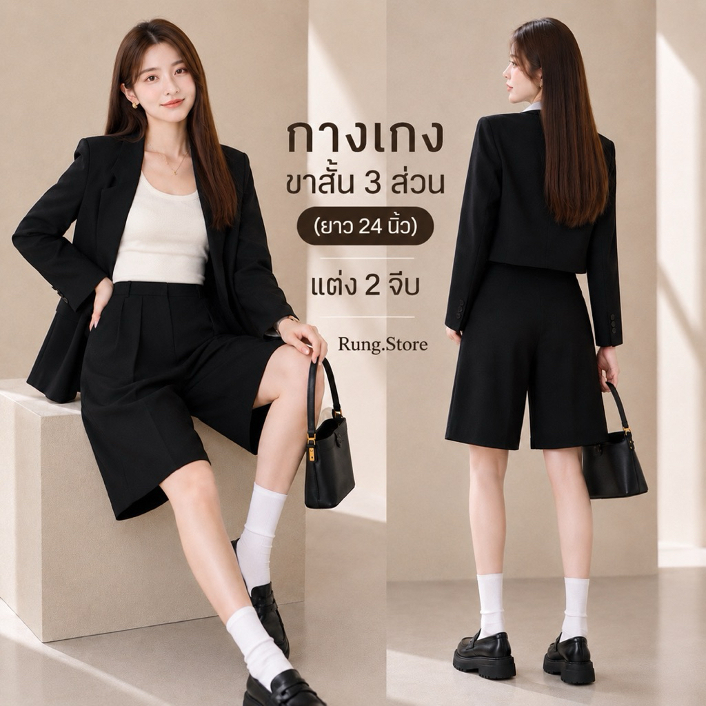 CL01 - กางเกงขาสั้น 3 ส่วน (ความยาว 24 นิ้ว) เอวสูง 2 จีบหน้า เก็บพุง พรางสะโพก ทรงเบสิค