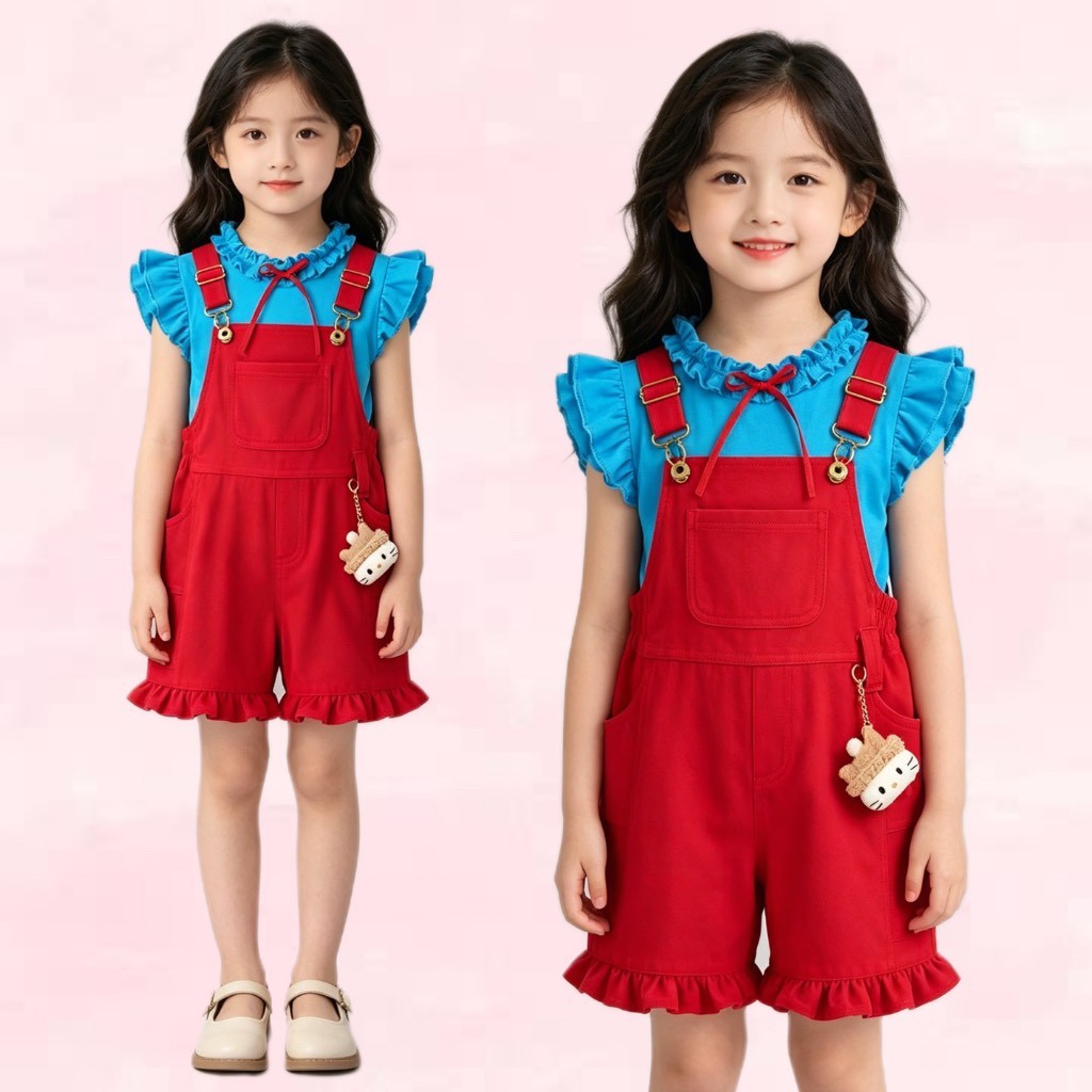 BB297 . ชุดเด็กผู้หญิง สไตล์สาวน้อย เสื้อฟ้า+กางเกงเอี๊ยมแดง สีสดใส